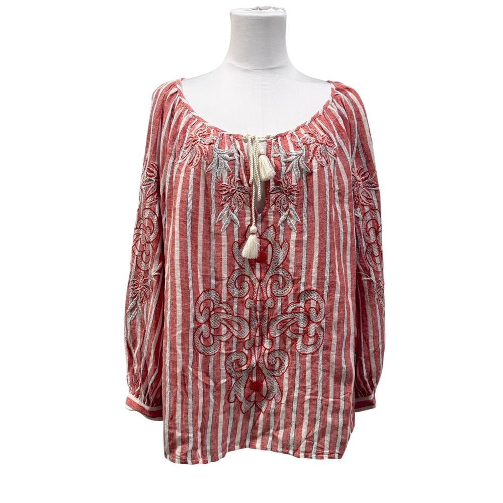 Anthropologie Akemi Kin Striped Linen Blouse Large Embroidered Tasseled Peasant